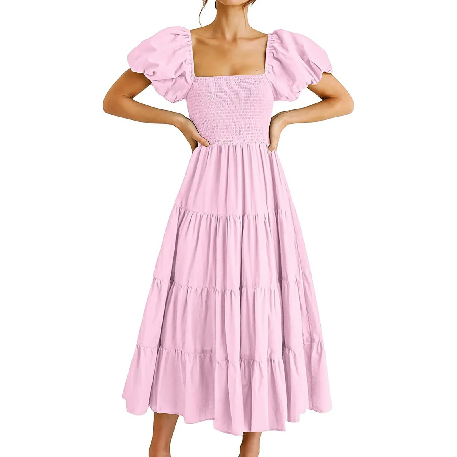 Square Neck Midi Dress with Puff Sleeves and Open Back Design