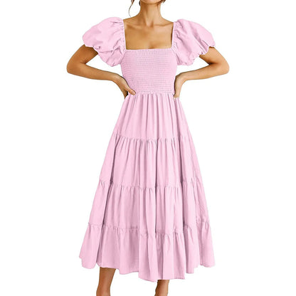 Square Neck Midi Dress with Puff Sleeves and Open Back Design