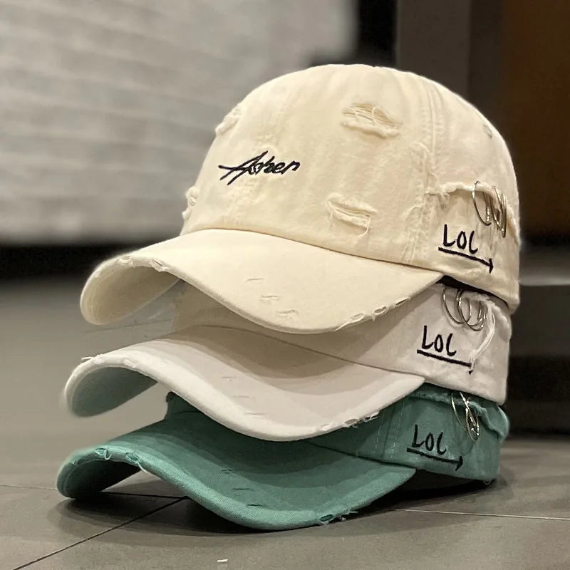 Vintage Distressed Embroidered Baseball Cap Adjustable Curved Brim Casual Streetwear Hat