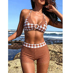 Mixed-Print Halter Bikini Set with High-Waisted Polka Dot Boy Shorts