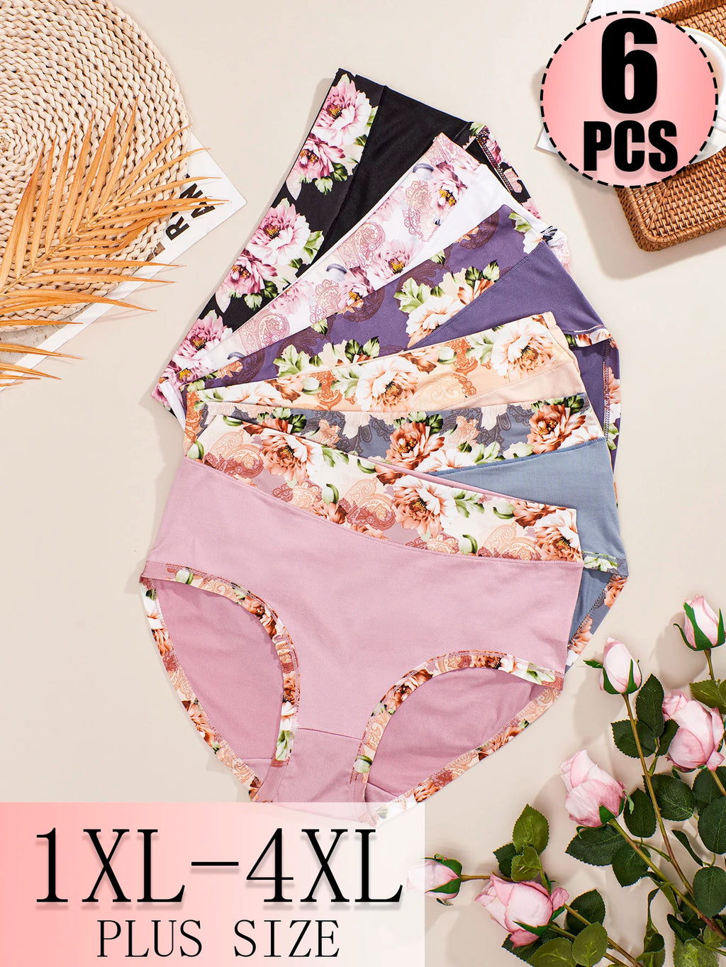 6-Piece Women’s Plus-Size High-Waisted Printed Panties Set with Feminine Floral Patterns and Classic Full Brief Silhouette