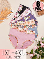 6-Piece Women’s Plus-Size High-Waisted Printed Panties Set with Feminine Floral Patterns and Classic Full Brief Silhouette