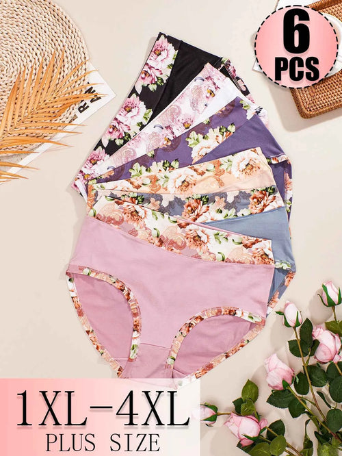 6-Piece Women’s Plus-Size High-Waisted Printed Panties Set with Feminine Floral Patterns and Classic Full Brief Silhouette