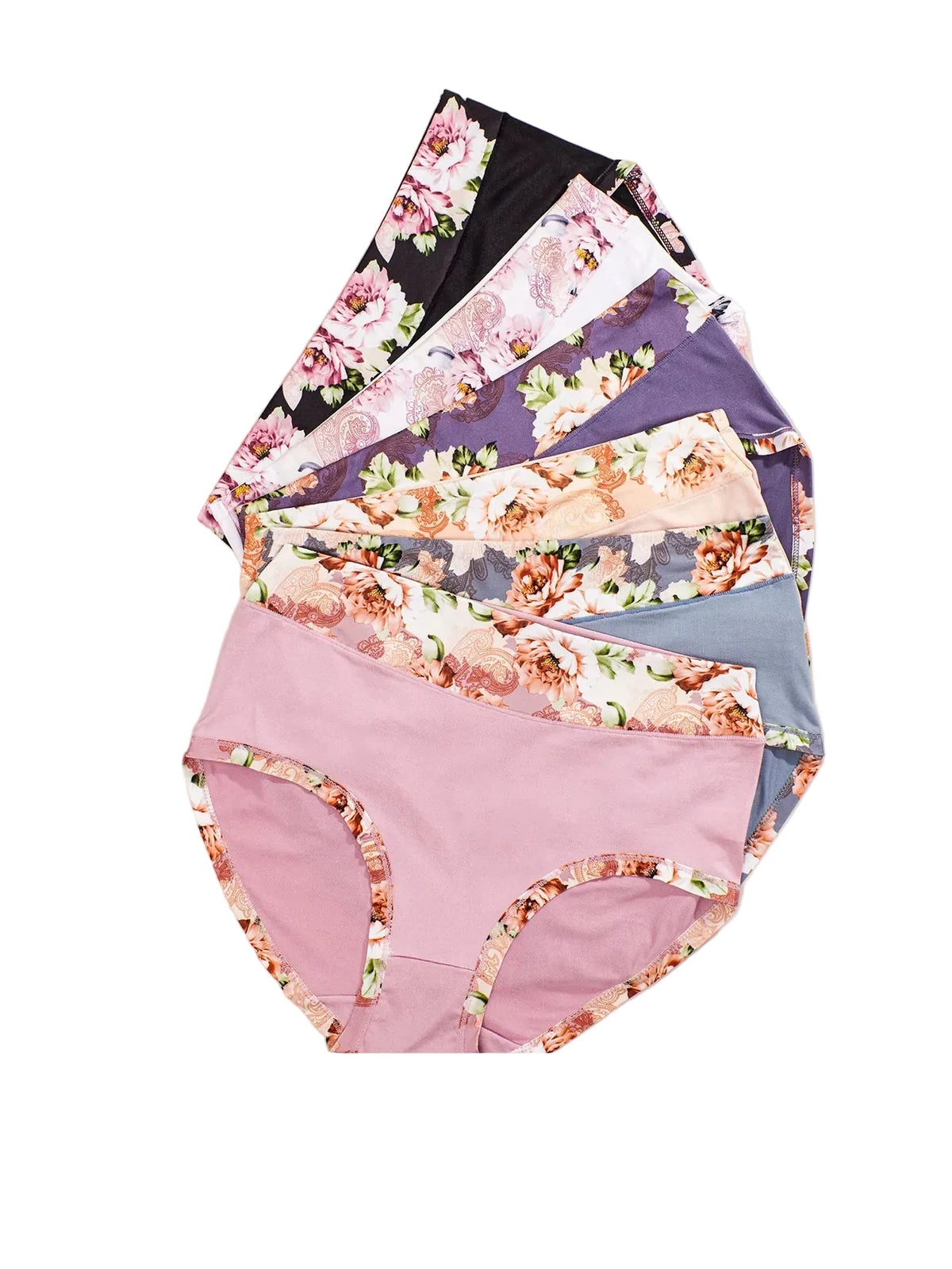 Six-Piece High-Waisted Brief Set with Floral Print Waistband (Plus Size)