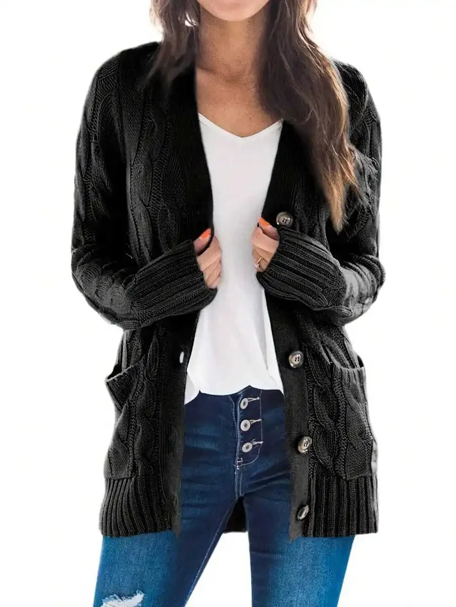Women's Open Front Cable Knit Cardigan with Relaxed Long Sleeve Pocket Design