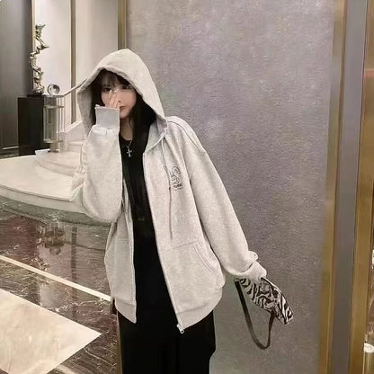 Women's Oversized Zip-Up Hoodie with Minimal Typography Casual Streetwear Layering Style