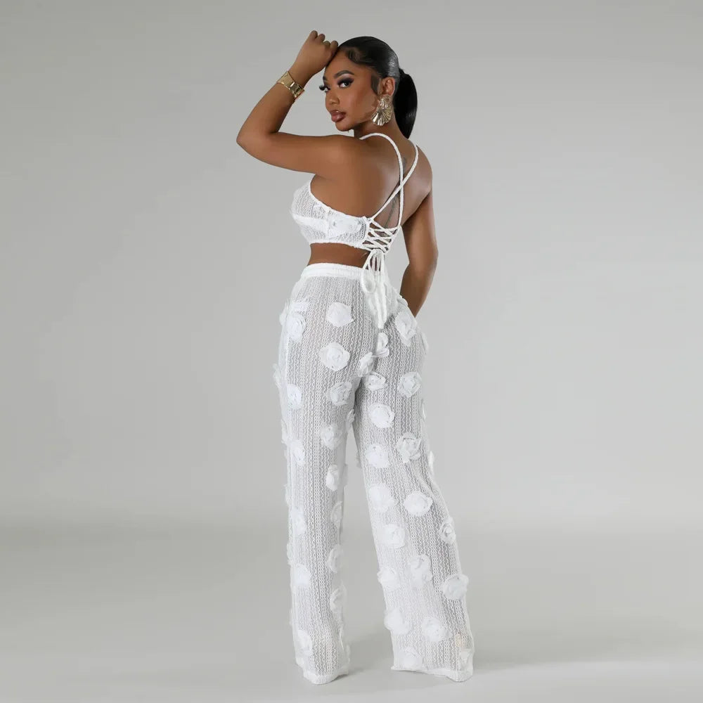 Floral Applique Crop Top and Wide Leg Pants Statement Co-Ord Set