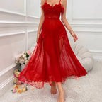 Dramatic Red Sheer Mesh Polka Dot Maxi Dress with Lace Bodice and High Slits