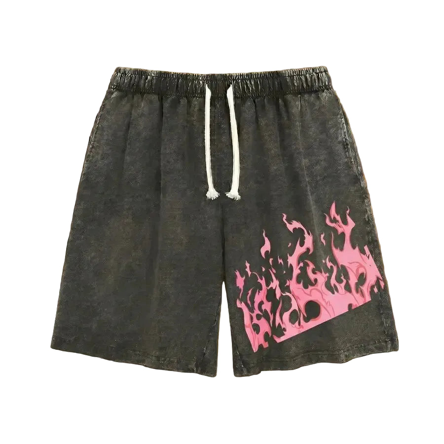 Men's Washed Drawstring Shorts with Flame Graphic Print and Relaxed Streetwear Fit