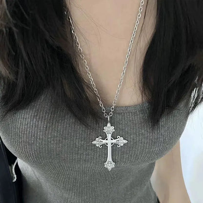 Vintage Gothic Cross Pendant Necklace With Layered Chain Y2K Punk Styling Accents