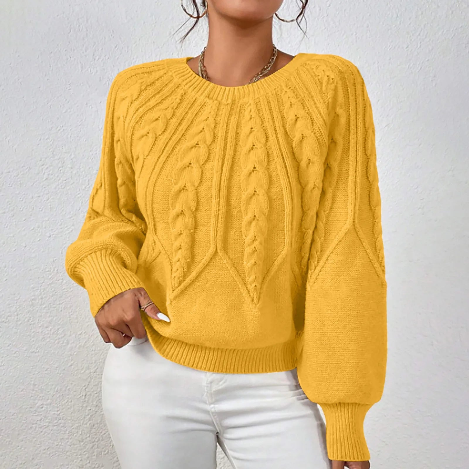 Women's Textured Cable Knit Crew Neck Relaxed Fit Sweater Pullover