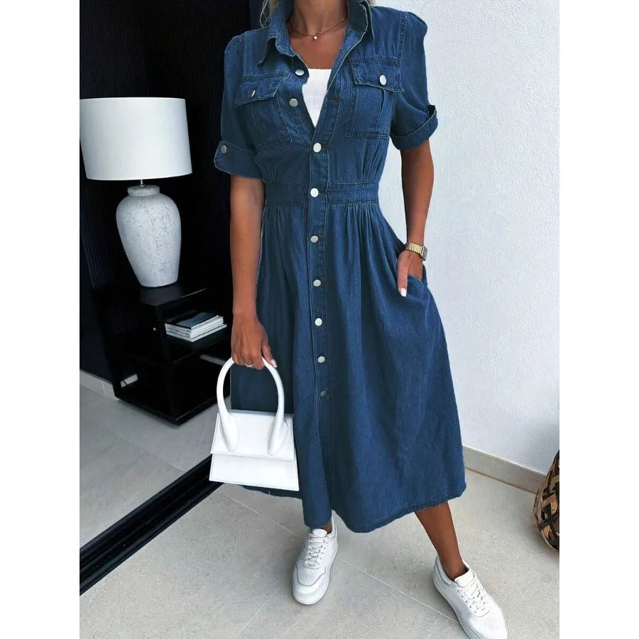 Button Front Denim Shirt Dress with Short Sleeves and Utility Pockets