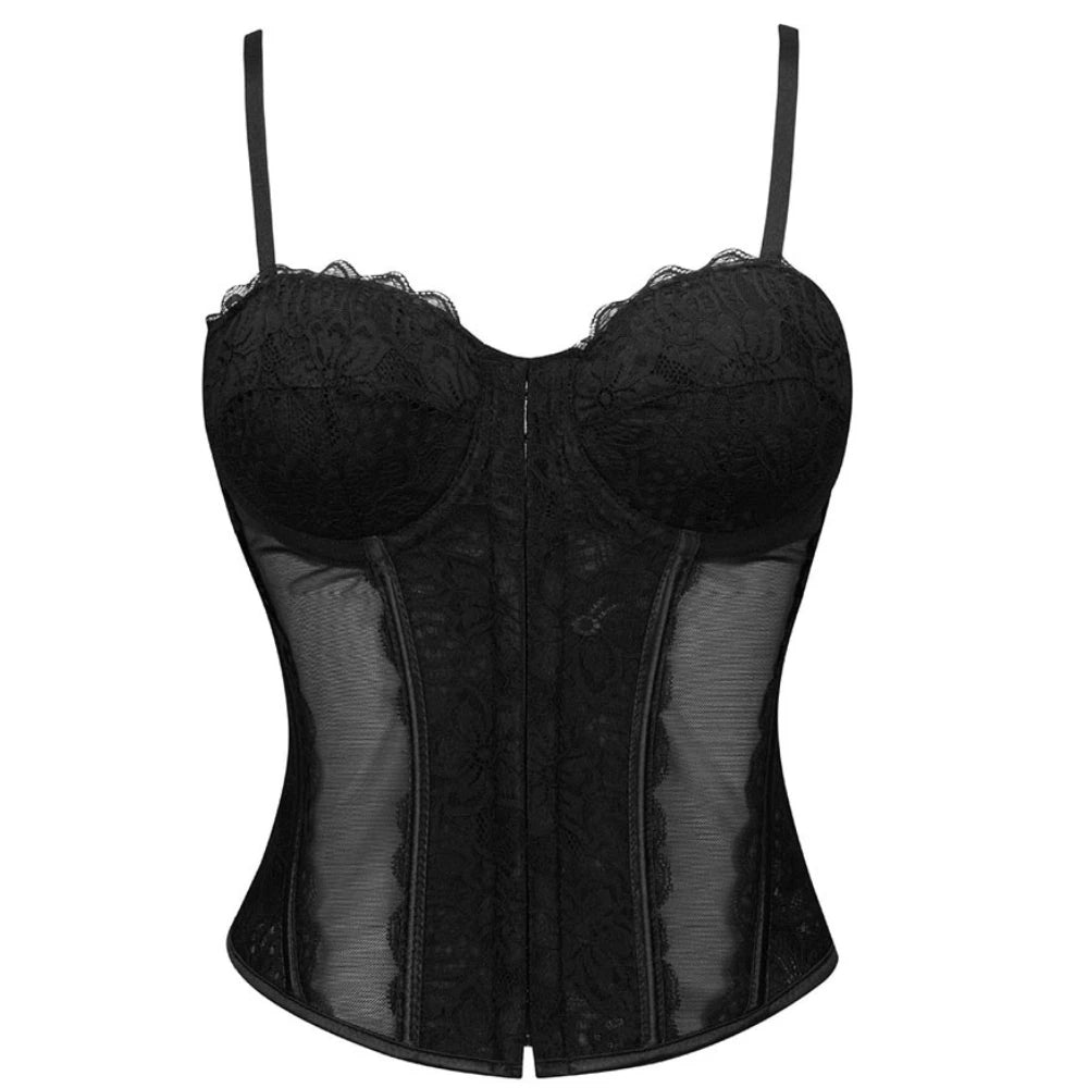Crimson Red Lace and Sheer Mesh Bustier with Front Hook Closure