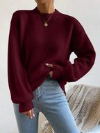 Women's Mock Neck Drop Shoulder Knit Sweater with Relaxed Oversized Silhouette