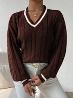 Women's Cable Knit V Neck Sweater with Contrast Trim Relaxed Fit Design