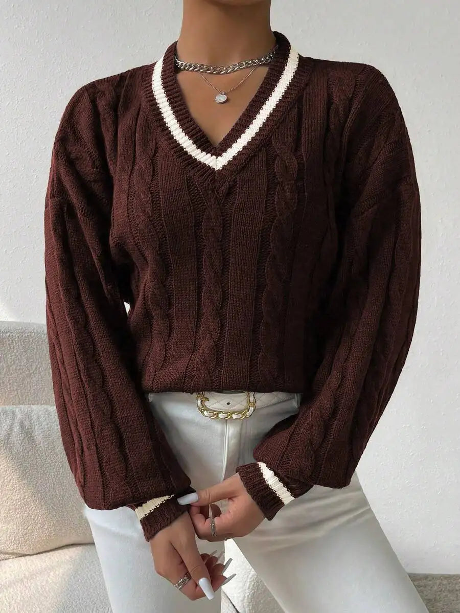 Women's Cable Knit V Neck Sweater with Contrast Trim Relaxed Fit Design