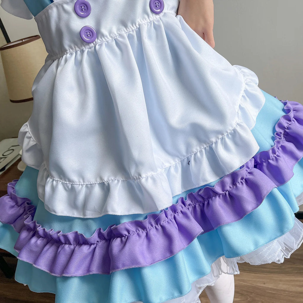 Pastel Tri-Color Lolita Maid Dress with Tiered Ruffles and Purple Bow Accent