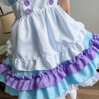 Pastel Tri-Color Lolita Maid Dress with Tiered Ruffles and Purple Bow Accent