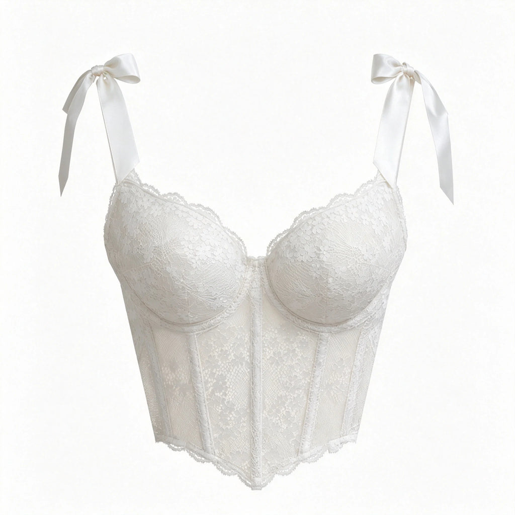 Romantic White Lace Bustier Top with Ribbon Tie Straps and Structured Silhouette