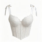 Romantic White Lace Bustier Top with Ribbon Tie Straps and Structured Silhouette