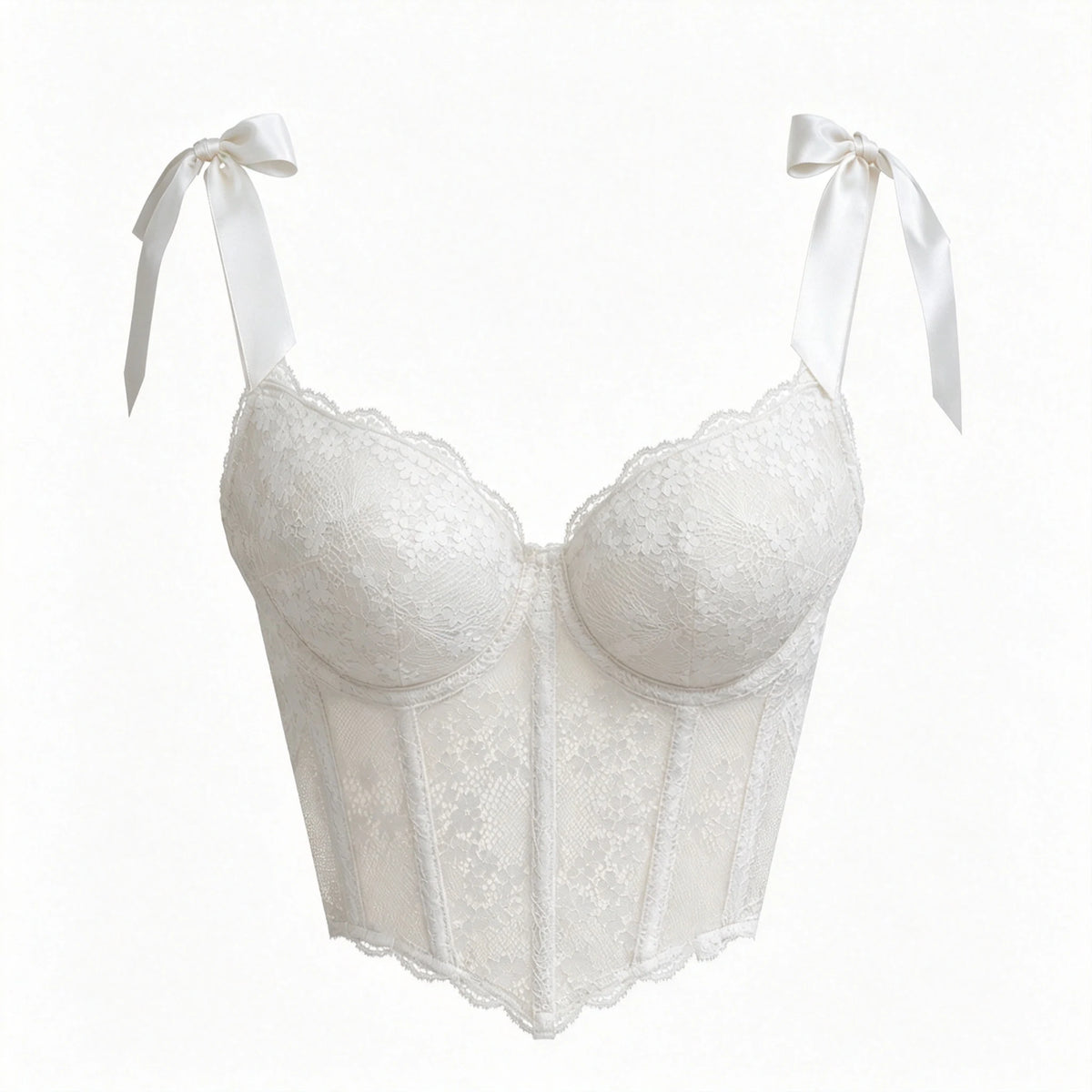 Romantic White Lace Bustier Top with Ribbon Tie Straps and Structured Silhouette