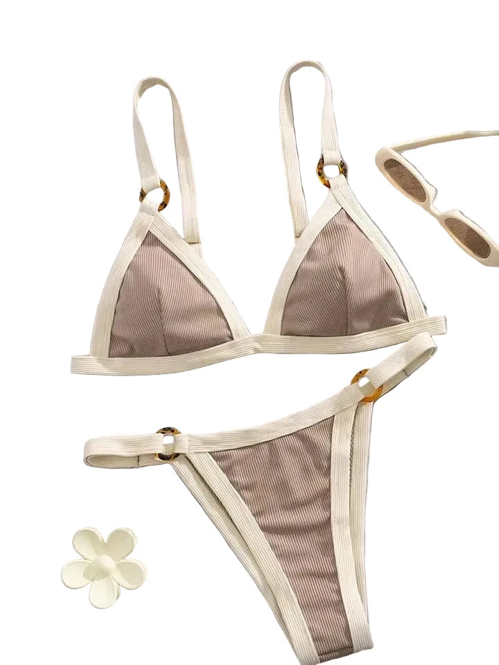 Textured Taupe Bikini with Contrast White Piping and Hardware Accents