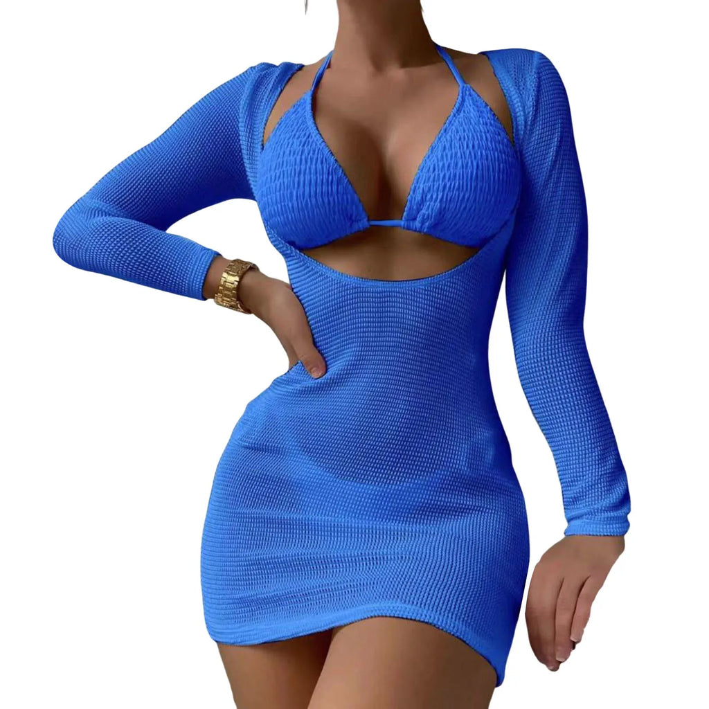 Three-Piece Crisp White String Bikini Set with Sheer Mesh Long-Sleeve Cover-Up