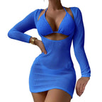Three-Piece Crisp White String Bikini Set with Sheer Mesh Long-Sleeve Cover-Up