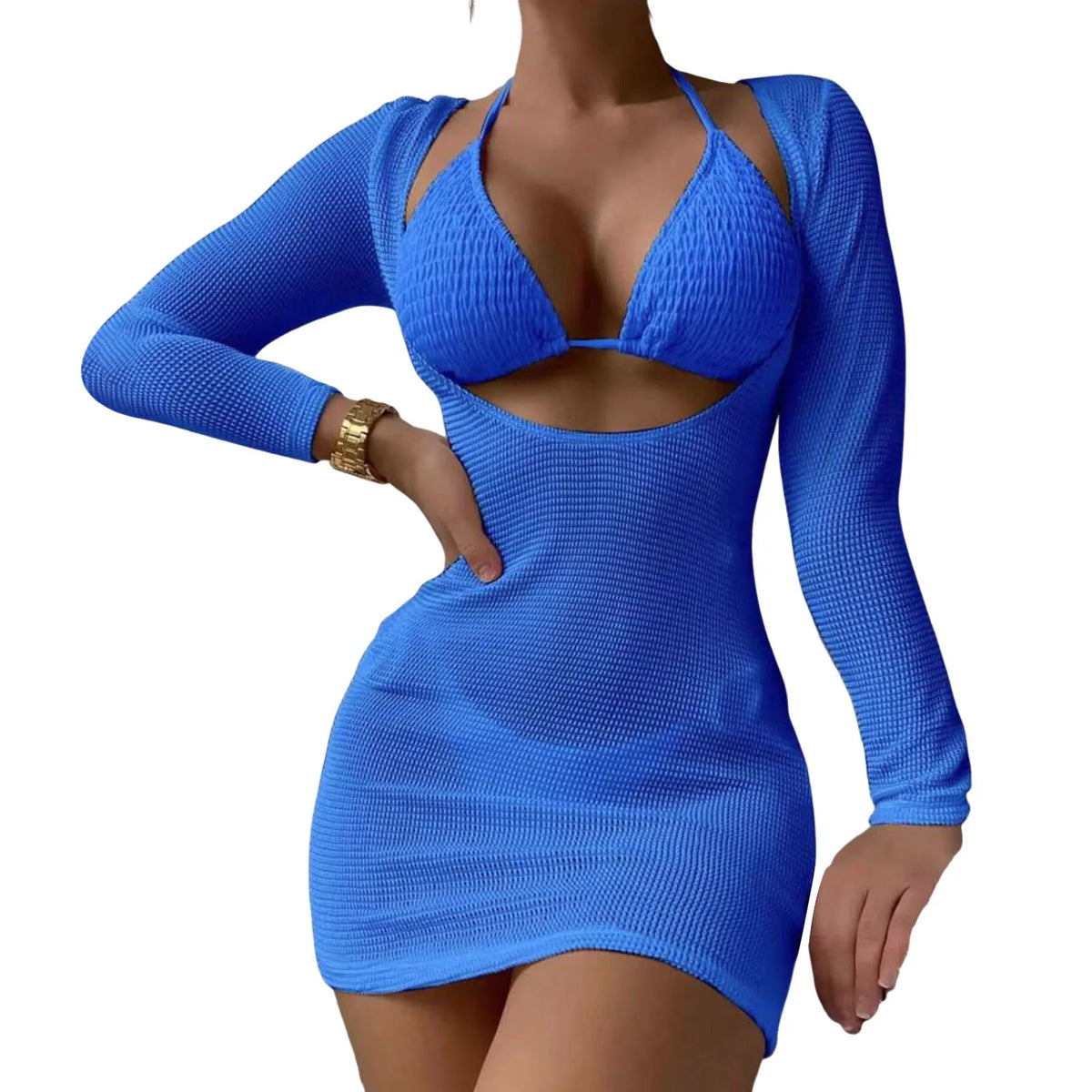 Three-Piece Crisp White String Bikini Set with Sheer Mesh Long-Sleeve Cover-Up