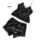 Striking Red Satin-Finish Camisole and Shorts Sleep Set with Wide Black Lace Trim