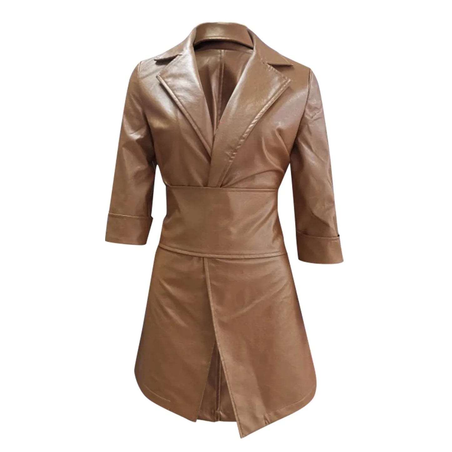 Faux Leather Wrap Mini Dress with Long Sleeves and Tailored Fit