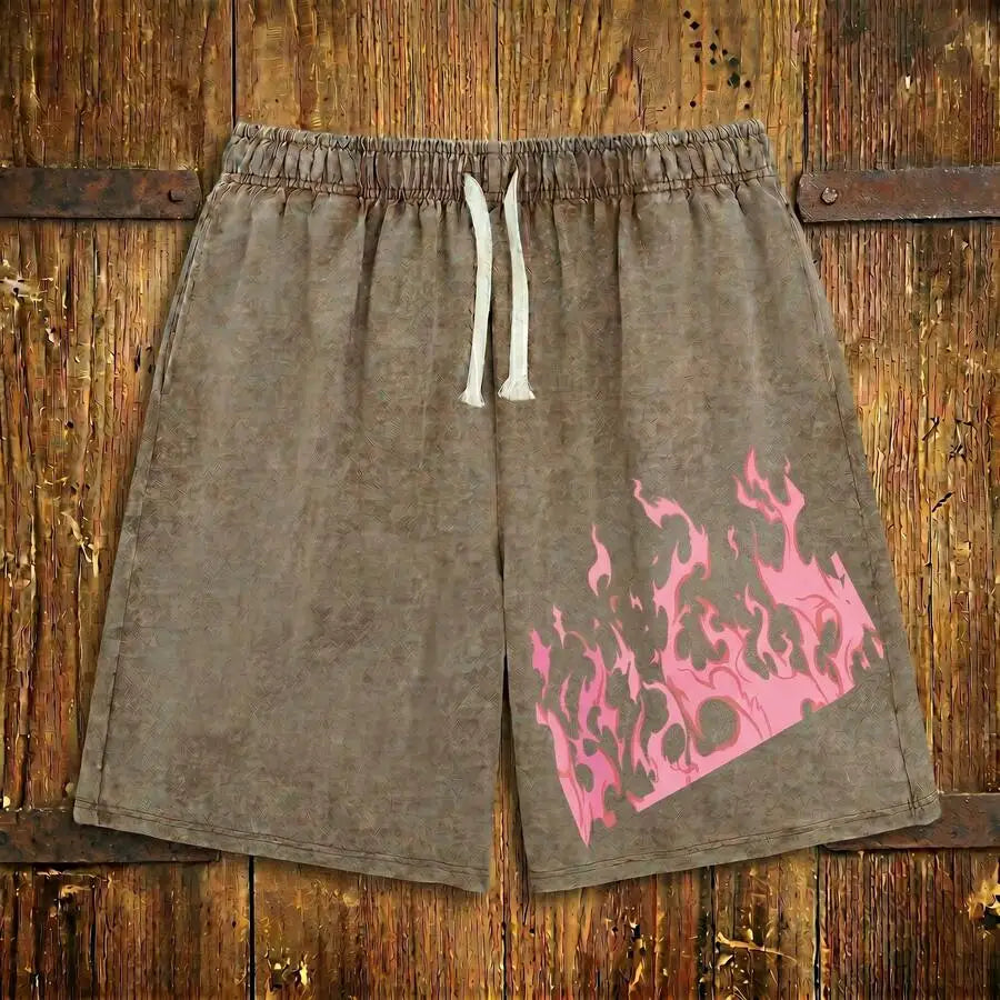 Men's Washed Drawstring Shorts with Flame Graphic Print and Relaxed Streetwear Fit
