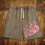 Men's Washed Drawstring Shorts with Flame Graphic Print and Relaxed Streetwear Fit