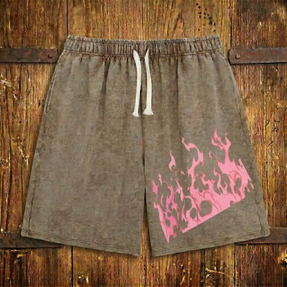 Men's Washed Drawstring Shorts with Flame Graphic Print and Relaxed Streetwear Fit