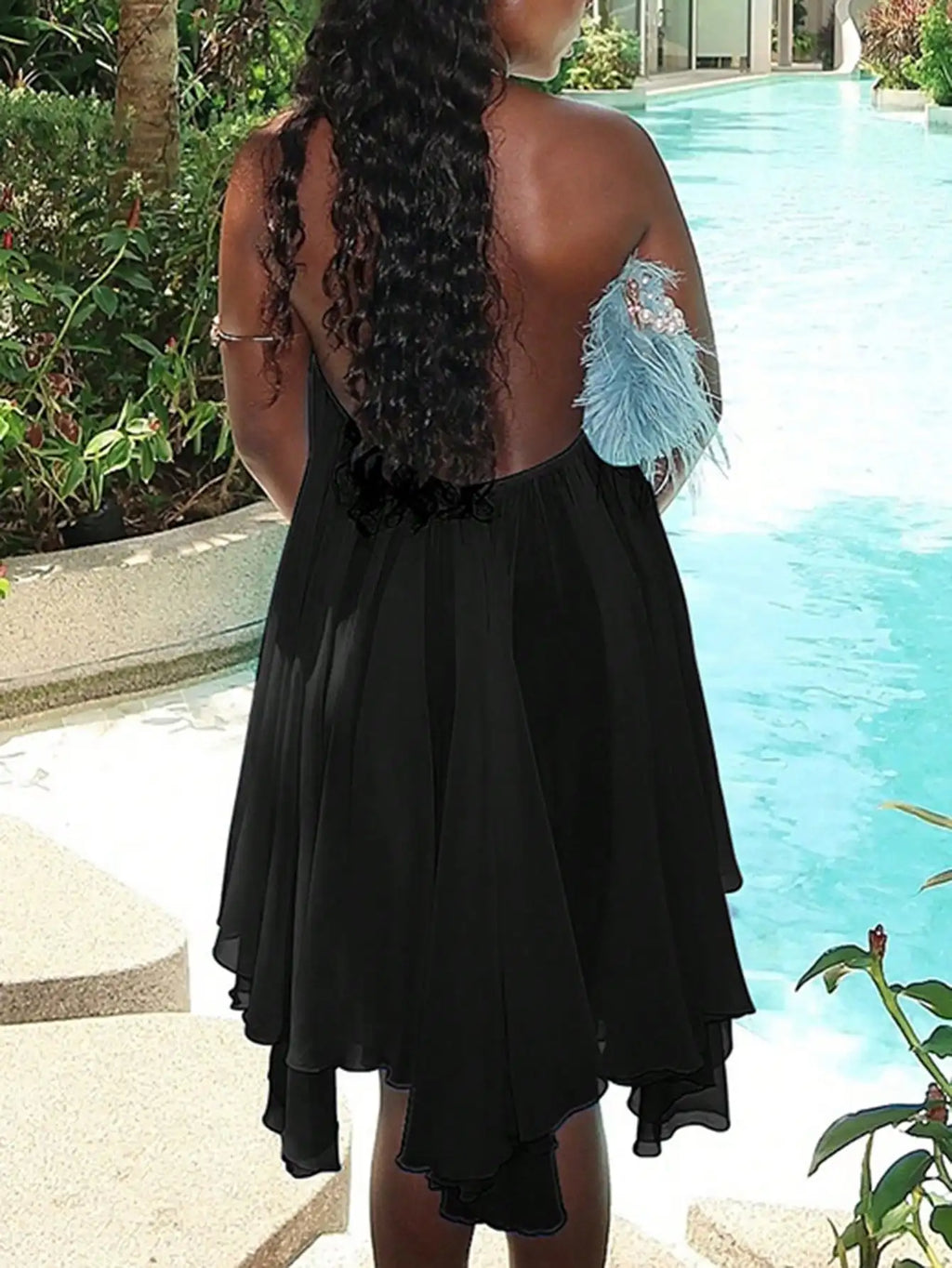 Asymmetrical Halter Mini Dress with Flowy Tiered Hem Contemporary Summer Style
