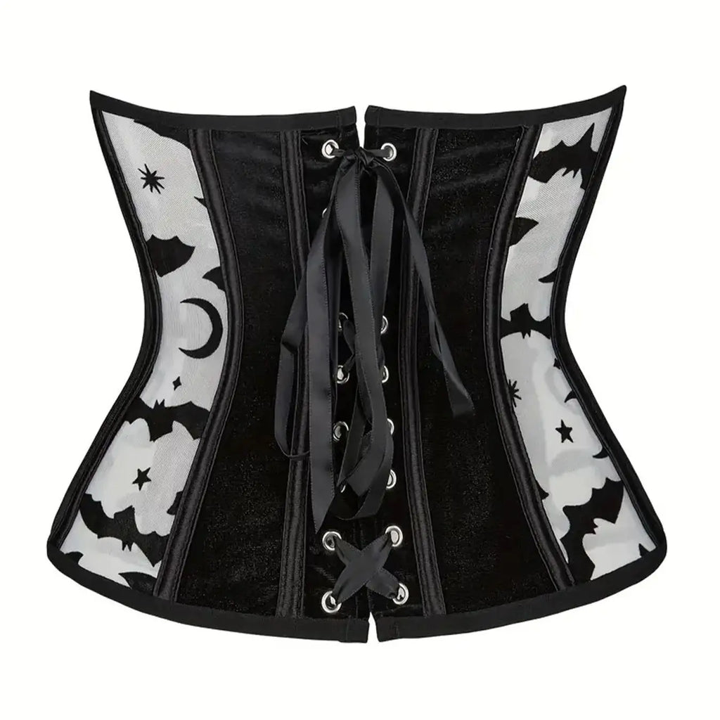 Sheer Mesh Corset Waist Cincher with Floral Appliqué and Structured Boning