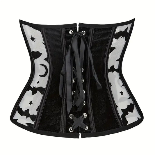 Sheer Mesh Corset Waist Cincher with Floral Appliqué and Structured Boning
