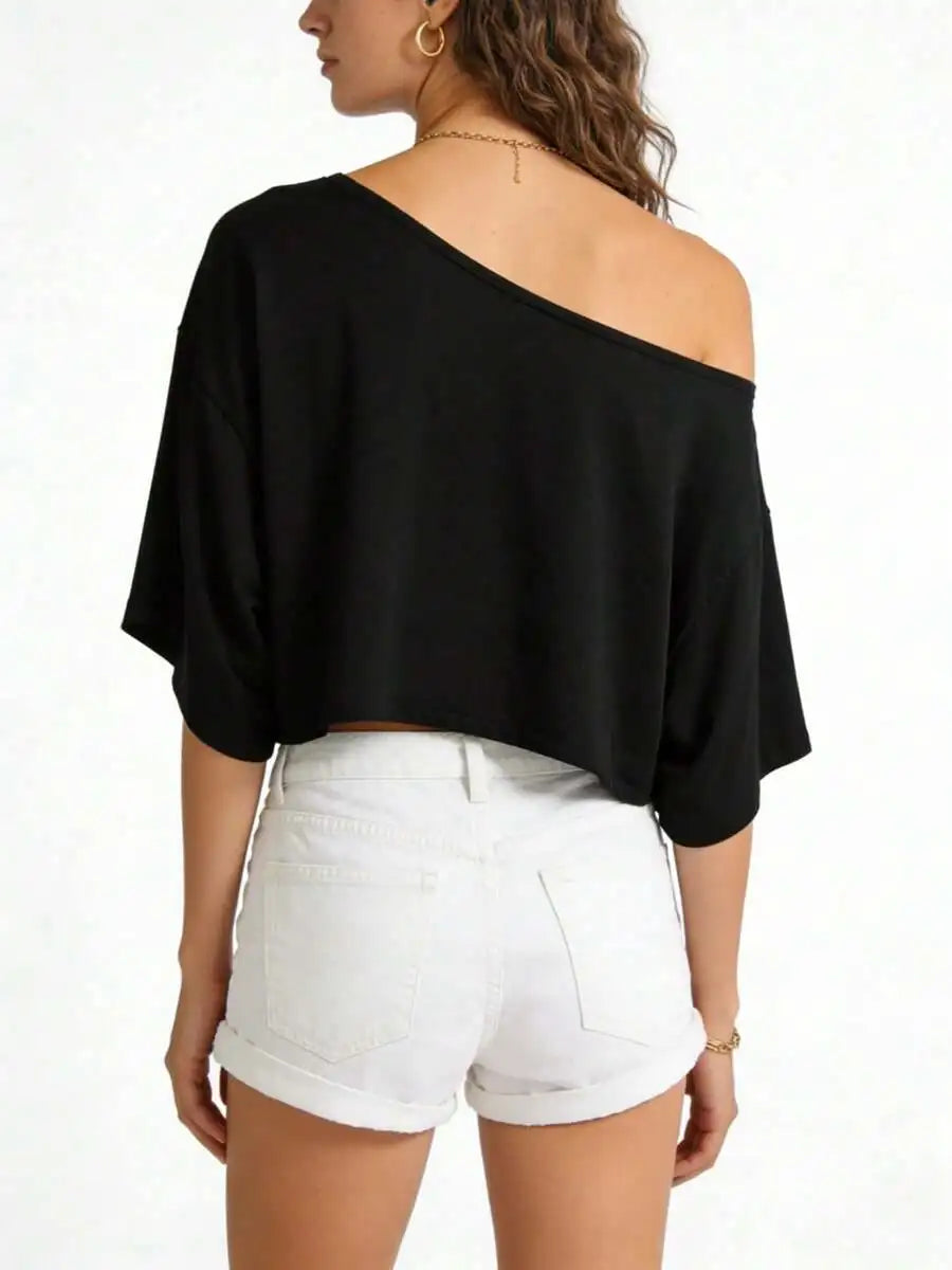 Off Shoulder Graphic Crop Tee with Batwing Sleeves and Relaxed Fit