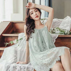 Relaxed Sage Green Chiffon Sleep Dress with Delicate Lace Trim Hem
