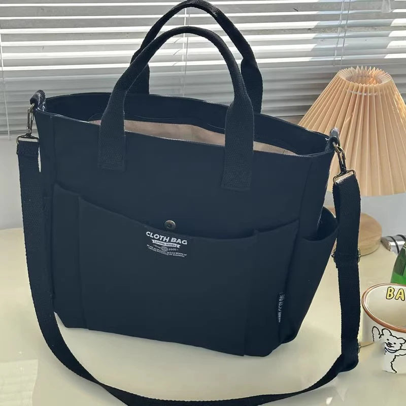 Minimal Canvas Tote Shoulder Crossbody Bag with Large Capacity Design