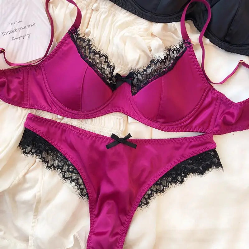 Vibrant Magenta Satin-Finish Wire-Free Bra and Panty Set with Black Lace Trim