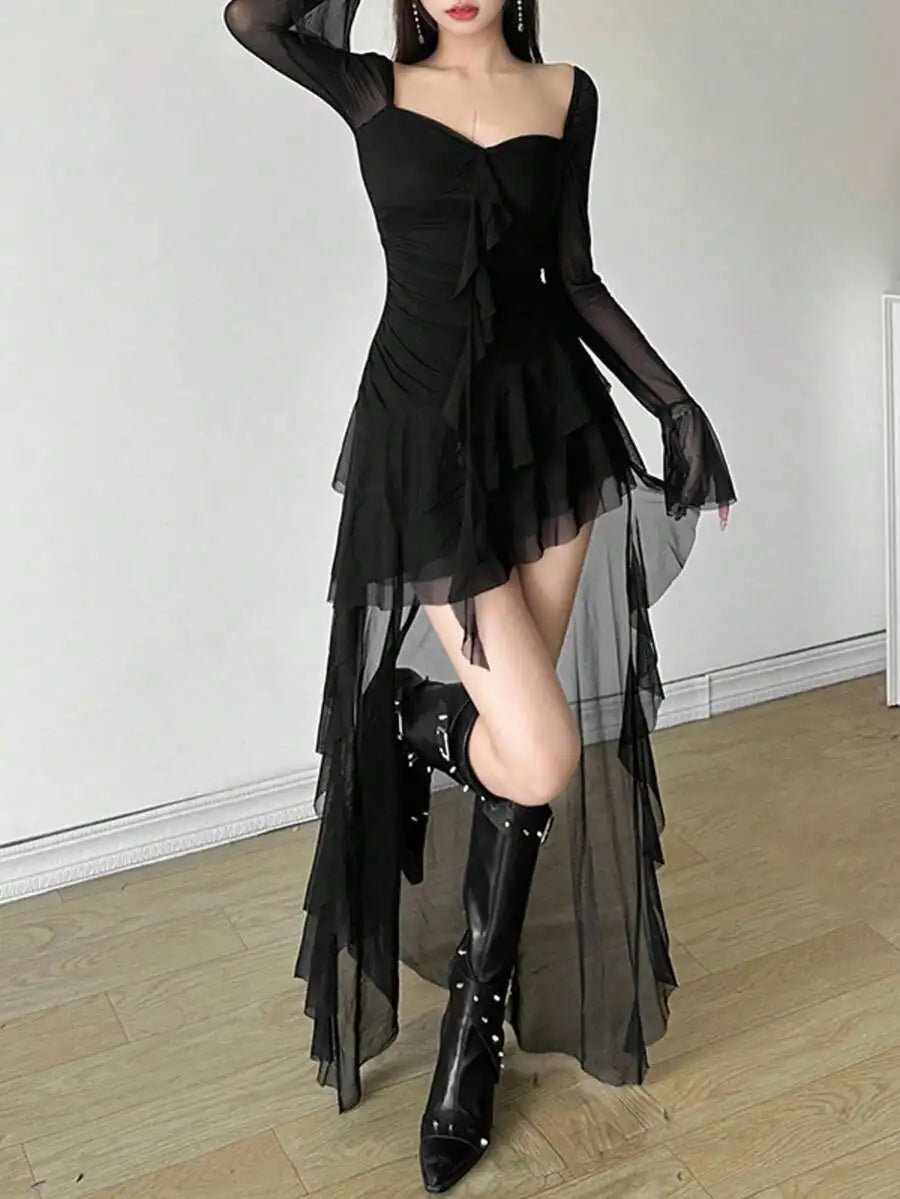 Elegant Sheer Sleeve Gothic Mini Dress with Alternative Fashion Style