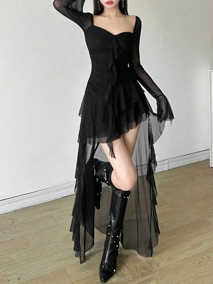 Elegant Sheer Sleeve Gothic Mini Dress with Alternative Fashion Style
