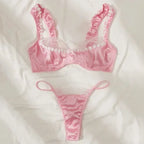 Shimmering Light Blue Satin and White Lace Underwire Demi Bra Set