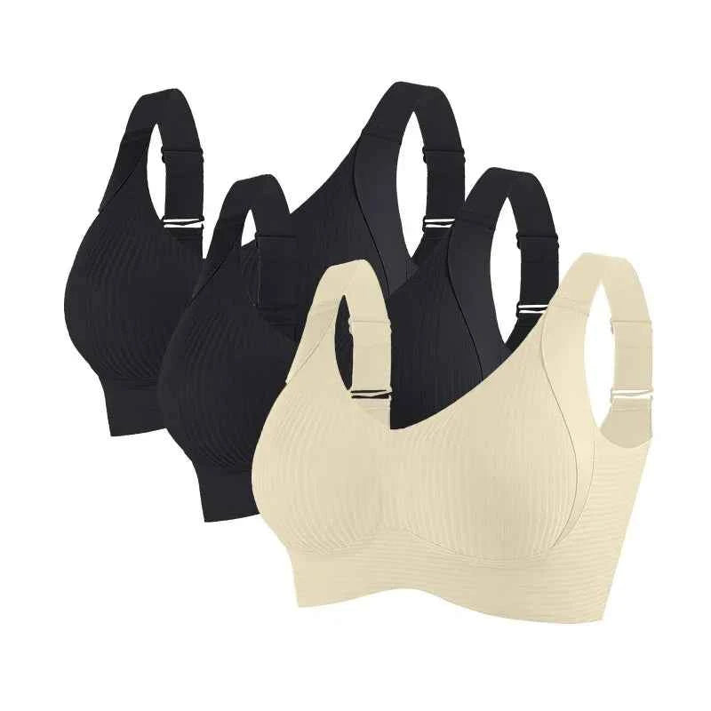 3-Piece Wireless Push-Up Bra Set with Ribbed Texture, V-Neck Design and Adjustable Straps