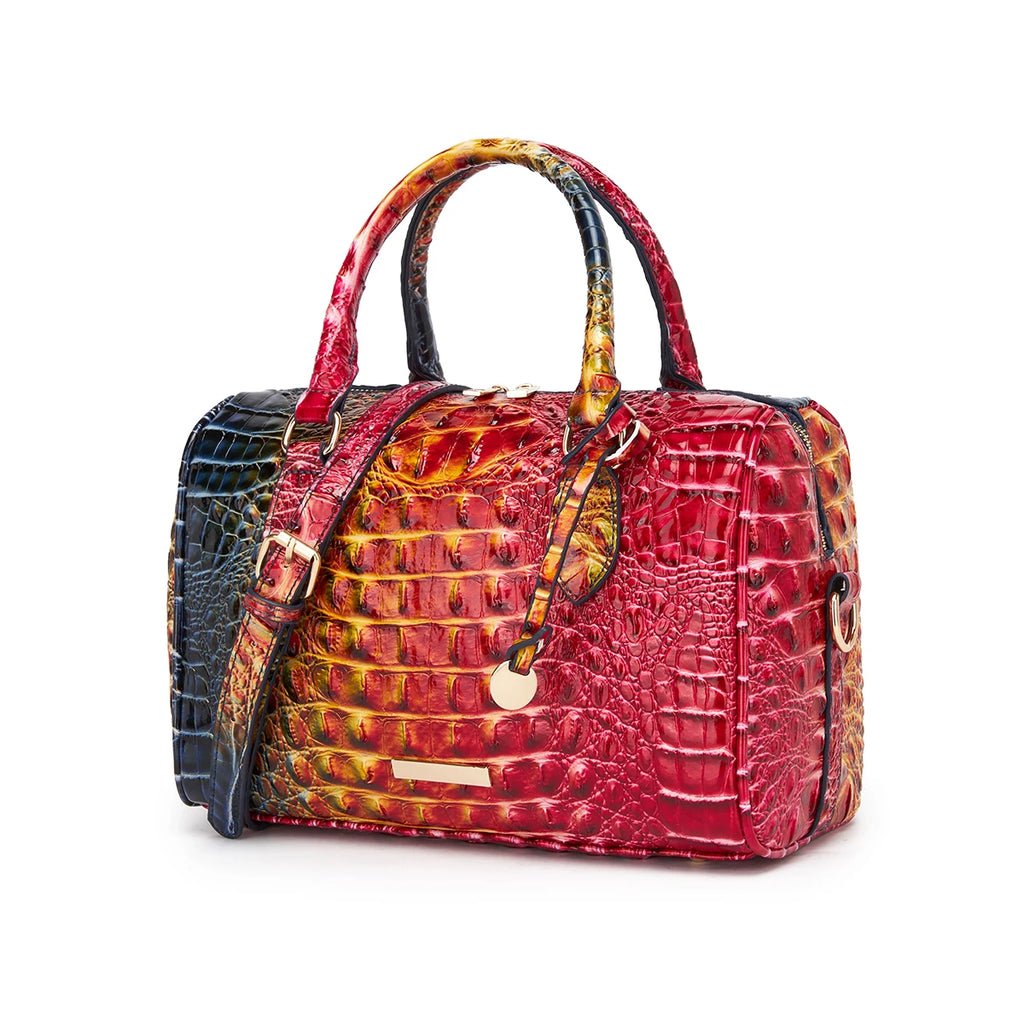 Embossed Top Handle Boston Satchel Bag with Detachable Crossbody Strap