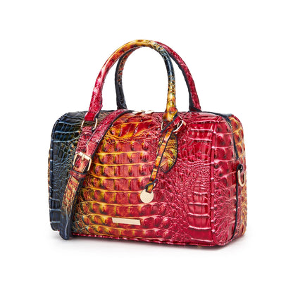 Embossed Top Handle Boston Satchel Bag with Detachable Crossbody Strap