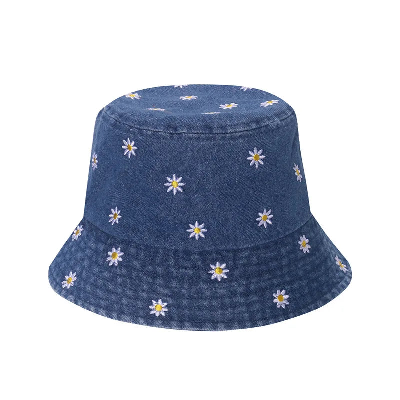 Women's Embroidered Cotton Blend Bucket Hat with Floral Detail for Casual Outdoor Everyday Wear