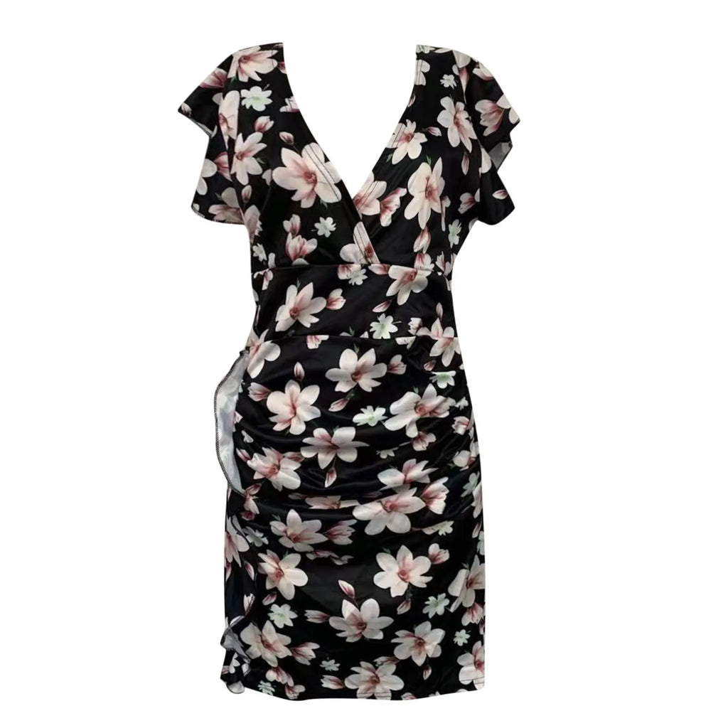 Form-Fitting Black Floral Midi Dress with Flutter Sleeves and Ruched Side Detailing
