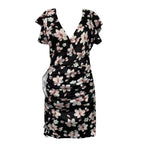 Form-Fitting Black Floral Midi Dress with Flutter Sleeves and Ruched Side Detailing